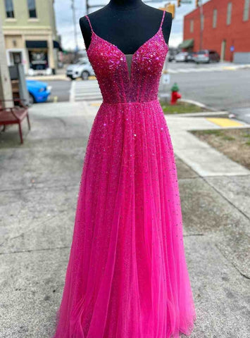 Fuchsia Tulle Spaghetti Straps A Line Long Prom Dresses