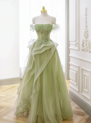Green Tulle Off the Shoulder Beading A Line Lace Prom Dresses