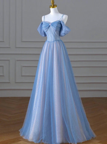 Blue Tulle Sequins Spahetti Straps A Line Prom Dresses