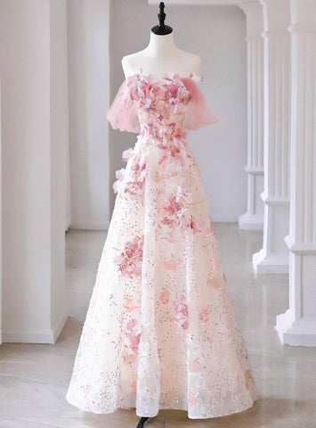 Pink Tulle Sequins 3D Flower A Line Prom Dresses