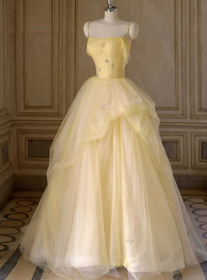 Robes de bal en tulle jaune avec bretelles fines et perles coupe trapèze