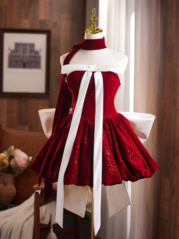 Burgundy Velvet Strapless Bow Short Homecoming Dresses
