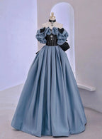 Blue Satin Black Lace Strapless A Line Prom Dresses