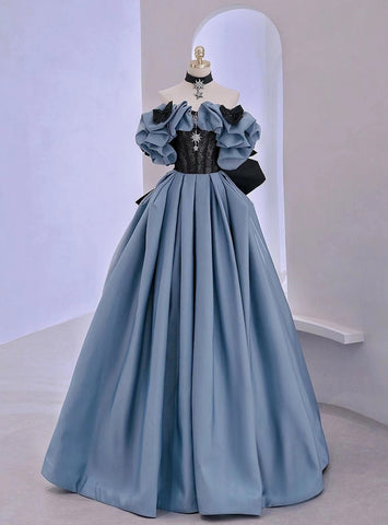Blue Satin Black Lace Strapless A Line Prom Dresses