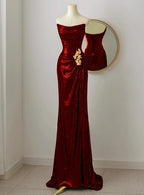 Burgundy Sequins Strapless Mermaid long Pleats Prom Dresses