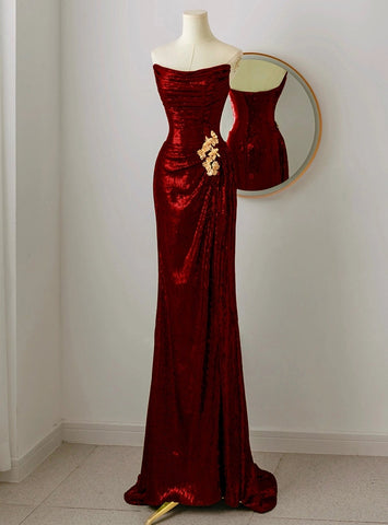Burgundy Sequins Strapless Mermaid long Pleats Prom Dresses