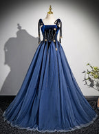 Navy Blue Tulle Spaghetti Straps A Line Prom Dresses