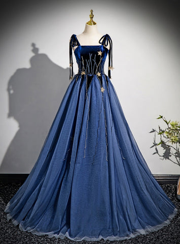 Navy Blue Tulle Spaghetti Straps A Line Prom Dresses