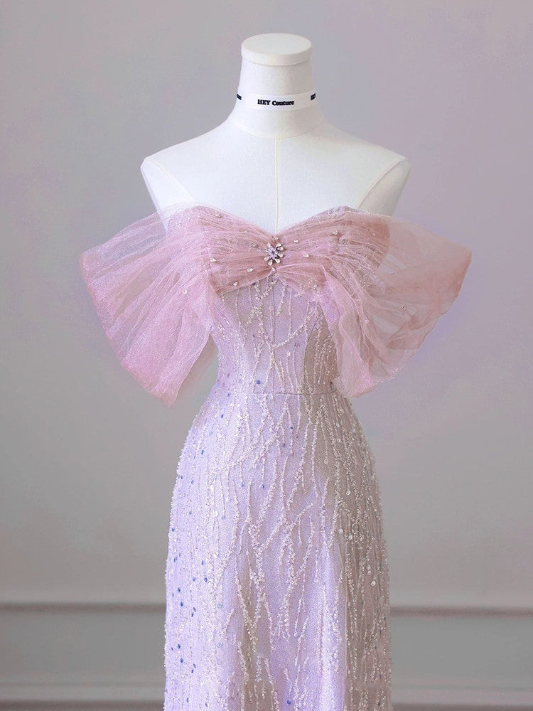 Robes de bal sirène sexy en tulle et sequins rose vif, avec épaules dénudées
