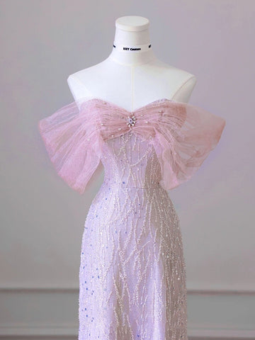 Sexy Pink Mermaid Tulle Sequins Off the Shoulder Prom Dresses
