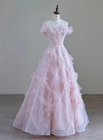 Pink A Line Tulle Sequins Off the Shoulder Flower Prom Dresses