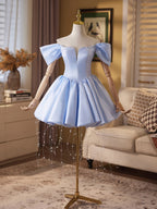 Blue Satin Off the Shoulder Beading Short Homecoming Dresses