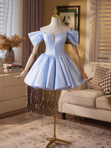 Blue Satin Off the Shoulder Beading Short Homecoming Dresses