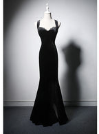 Black Mermaid Velvet Lace Straps long Prom Dresses