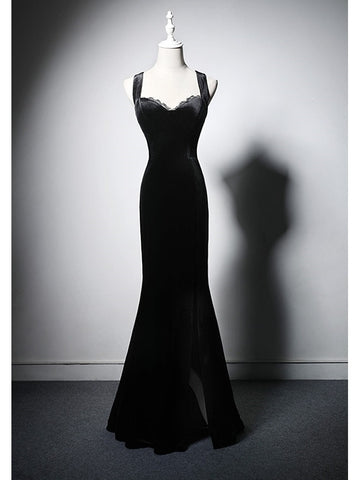 Black Mermaid Velvet Lace Straps long Prom Dresses