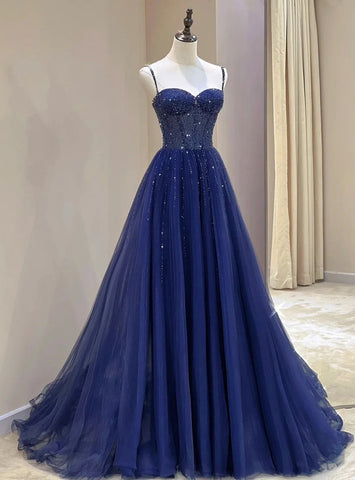 Blue Spaghetti Straps Tulle Beading A Line Prom Dresses