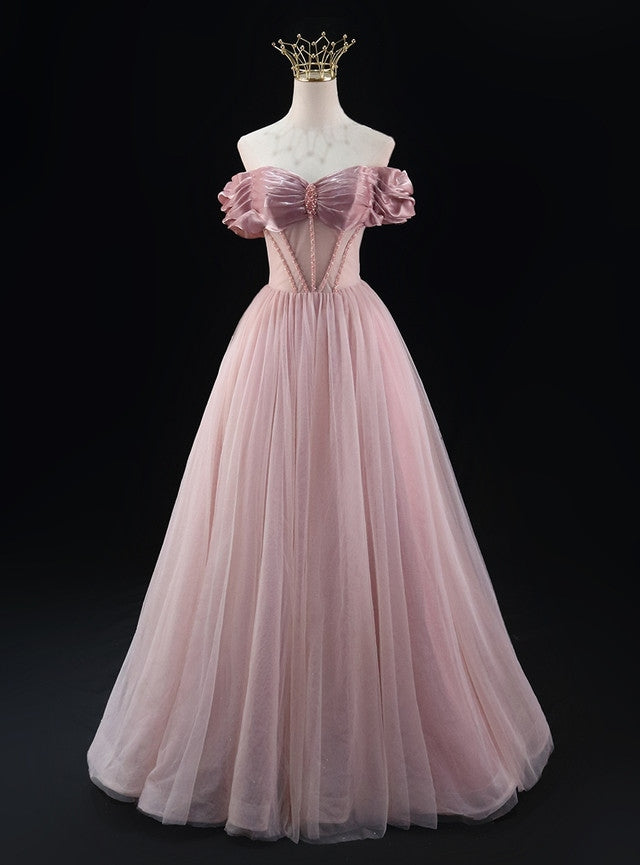 Robes de bal plissées en tulle rose coupe trapèze à épaules dénudées avec perles