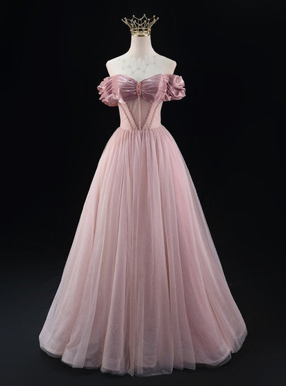 Robes de bal plissées en tulle rose coupe trapèze à épaules dénudées avec perles