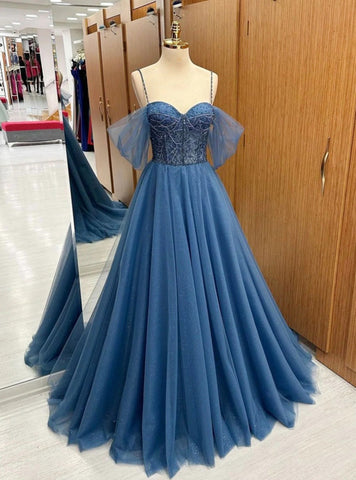 Blue Tulle Beading Spaghetti Straps A Line Prom Dresses