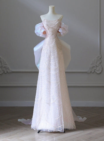 Pink Sequins Strapless Pearls Mermaid Prom Dresses