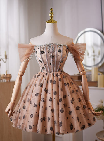 A Line Champagne Tulle Off the Shoulder Beading Homecoming Dresses