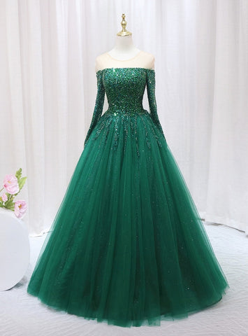 Green Tulle Long Sleeve Beading Sequins A Line Prom Dresses
