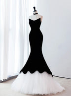 Black Velvet White Tulle Strapless Mermaid Prom Dresses