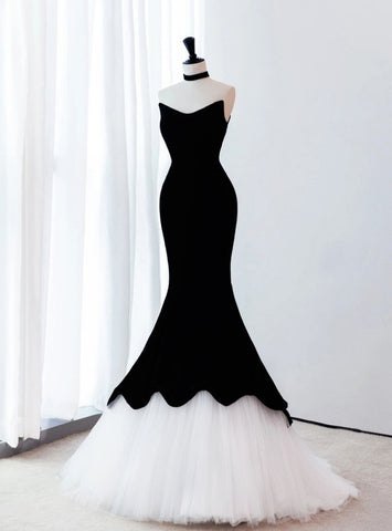Black Velvet White Tulle Strapless Mermaid Prom Dresses