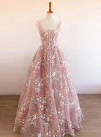 Pink Long Tulle Lace Straps A Line Prom Dresses