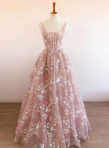 Pink Long Tulle Lace Straps A Line Prom Dresses