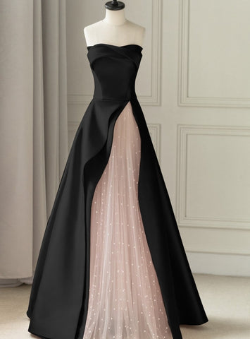 Black Satin Pink Tulle A Line Strapless Prom Dresses