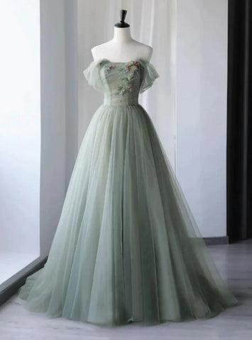 Green Tulle ALine Long Off the Shoulder Prom Dresses