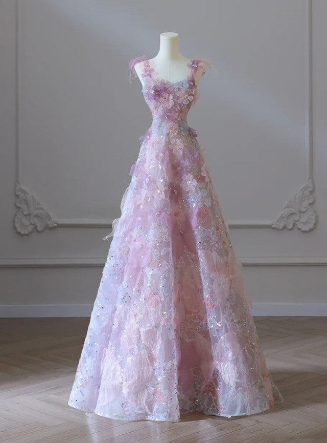 Robes de bal longues de princesse en ligne A avec fleurs en tulle rose