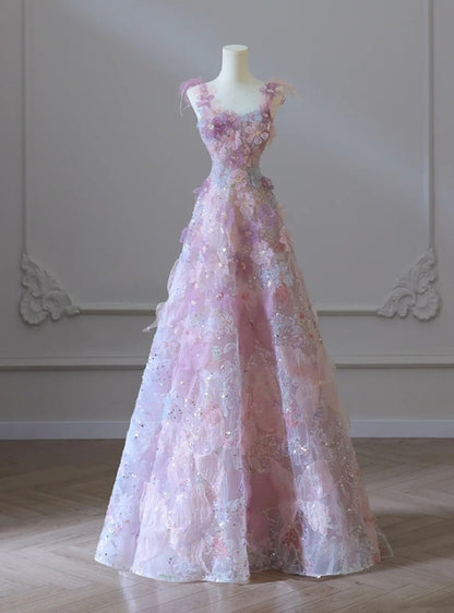 Robes de bal longues de princesse en ligne A avec fleurs en tulle rose