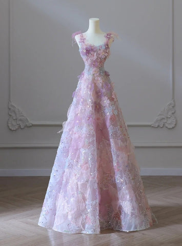 Pink Tulle Flower Princess A Line Long Prom Dresses