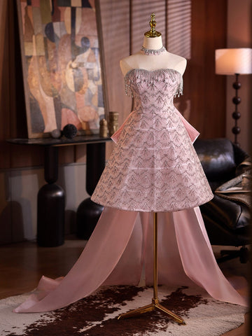 Pink Tulle Sequins Strapless Beading Homecoming Dresses