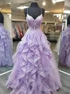 A Line Long Lilac Lace Spaghetti Straps Prom Dresses