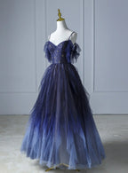 Blue Gradient Tulle Straps A Line Beading Prom Dresses