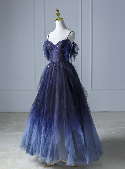 Robes de bal A Line à bretelles en tulle dégradé bleu avec perles