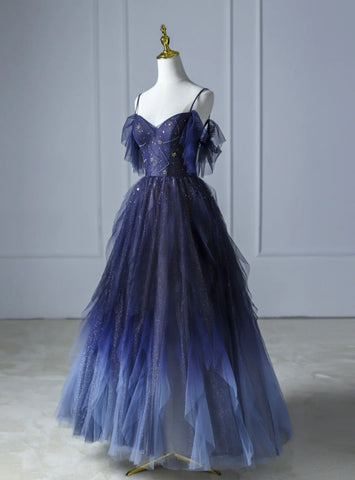 Blue Gradient Tulle Straps A Line Beading Prom Dresses