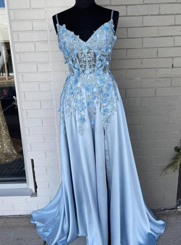 Light Blue Satin Long Spaghetti Straps 3D Flower Prom Dresses