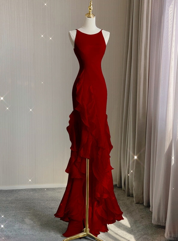 Longues robes de bal en mousseline de soie sexy bordeaux style sirène et dos nu