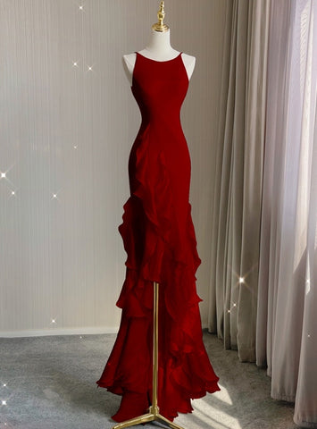 Burgundy Mermaid Halter Sexy Chiffon Long Prom Dresses