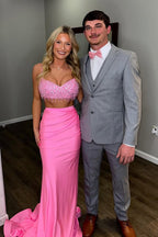 Two Piece V Neck Pink Sequins Long Prom Dresses
