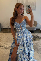 A Line V Neck Flower Print Satin Long Prom Dresses