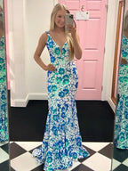 V Neck Blue White Sequins Long Mermaid Prom Dresses