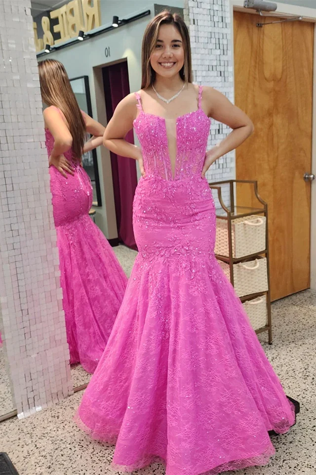 Pink Mermaid Long Appliques Lace Prom Dresses,BD93118