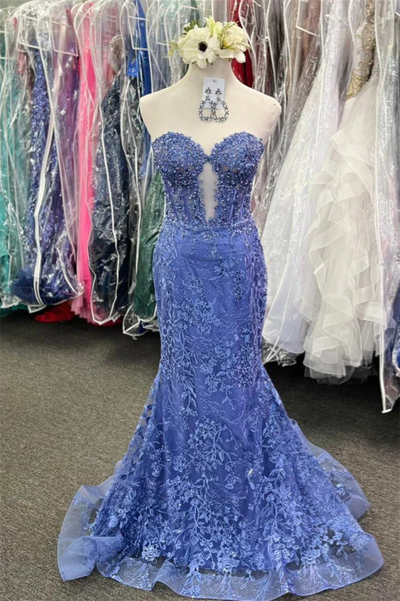 Periwinkle Strapless Floral Mermaid Long Prom Dress