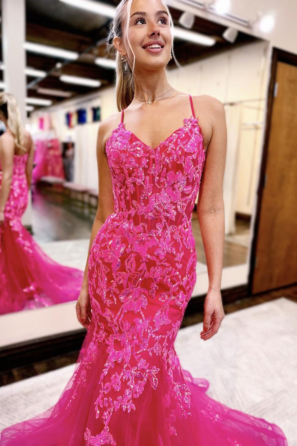 Mermaid V Neck Straps Orange Sequins with Tulle Long Prom Dresses