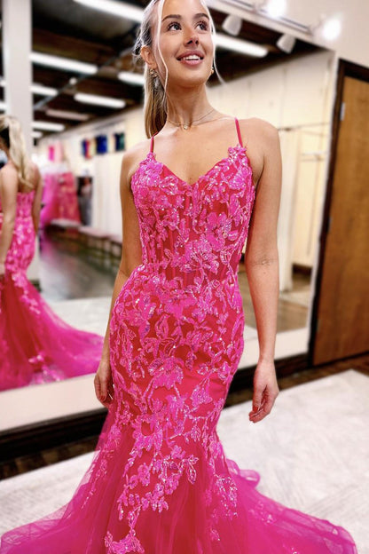 Mermaid V Neck Straps Orange Sequins with Tulle Long Prom Dresses